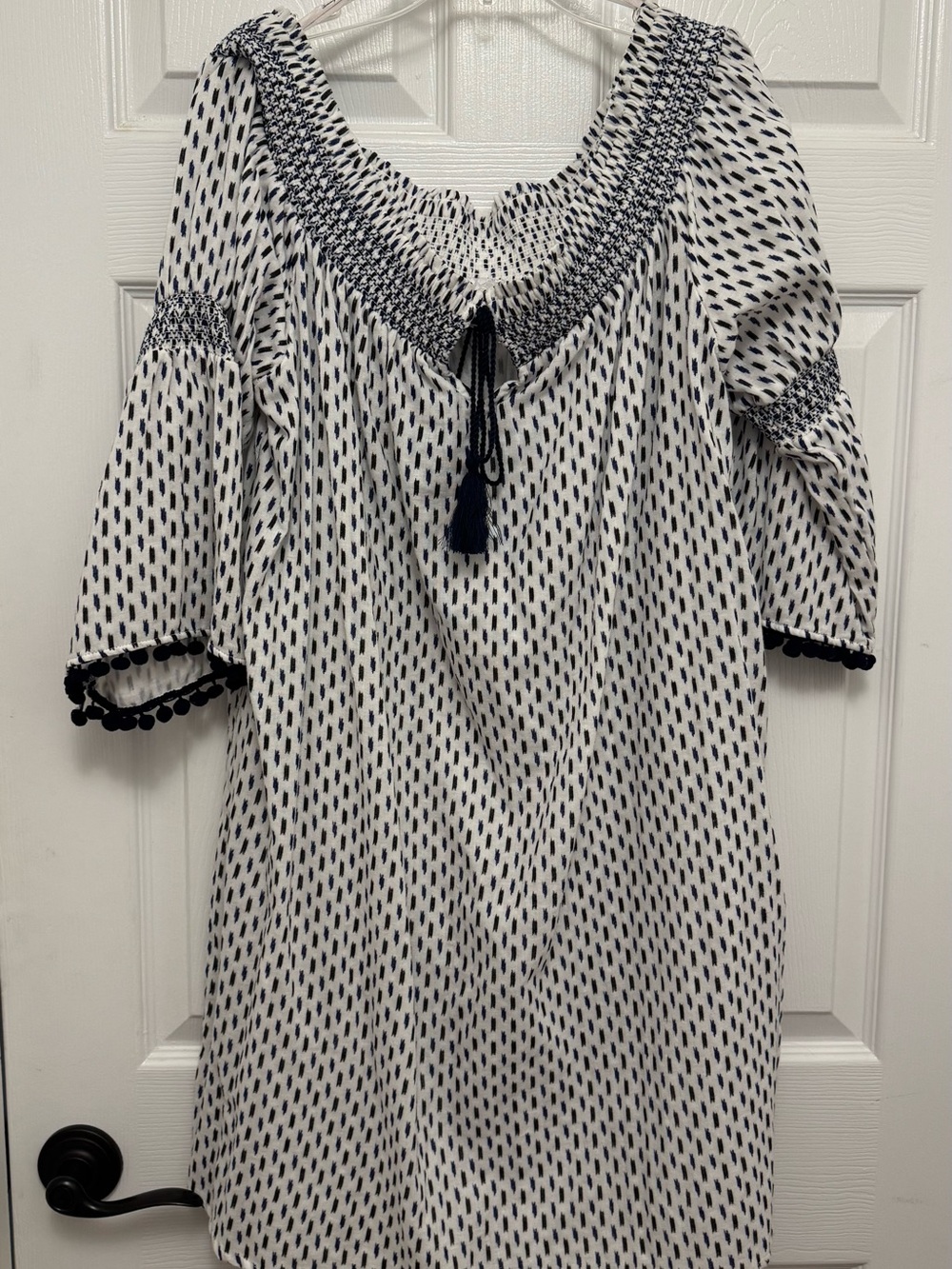 Tommy Bahama Navy and White Smocked Tassel Midi Dress